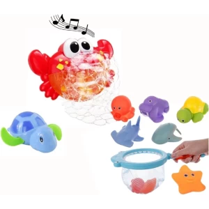 Badspeelgoed - Badspeeltjes - Speelgoed Bad - Baby cadeau - Peuter cadeau - Baby, Peuter, Kleuter - 0, 1, 2, 3, 4, 5 Jaar - Krab met Bubbels en Muziek , Schepnetje met Knijpdiertjes , Opwindbare Schildpad - Waterspeelgoed - Bewegend Speelgoed