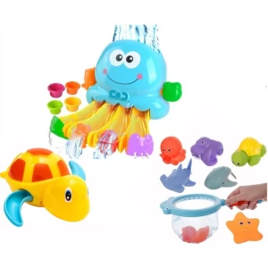 Badspeelgoed - Badspeeltjes - Speelgoed Bad - Baby cadeau - Peuter cadeau - Baby, Peuter, Kleuter - 0, 1, 2, 3, 4, 5 Jaar - Octopus met Waterglijbaan , Schepnetje met Knijpdiertjes , Opwindbare Schildpad - Waterspeelgoed - Bewegend Speelgoed