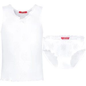 Exclusief Luxueus Kinder nachtkleding Hanssop, Meisjes, Katoenen ondergoed set, super zacht witte set gemaakt in een verfijnd lief roosjes ajour katoen met een bijpassend velours strikje, maat 92