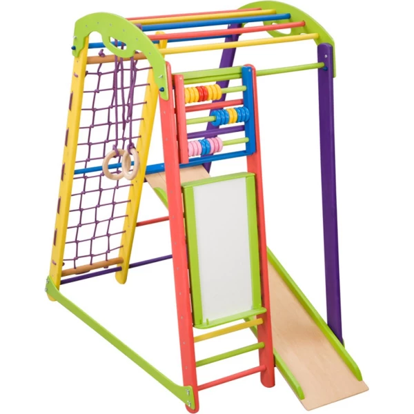Juliard.Club Speelhoek Draco 150-1 Plus - Klimtoestel met Glijbaan Ringen Reken en Tekenboord - Sportwand voor kinderen - kleur