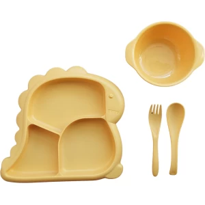 Kinderservies - Baby servies - 4-delig set - bord - kom - vork - lepel - Dino geel
