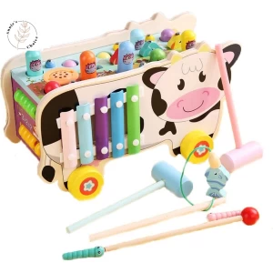 Kudie de Koe - 5 in 1 Houten Speelgoed Xylofoon - Hamerbank - Visspel - Activiteiten kubus - Montessori Speelgoed