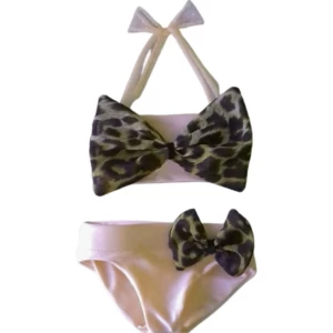 Maat 104 Bikini zwemkleding Huidskleur Beige dierenprint badkleding voor baby en kind zwem kleding met panterprint strik