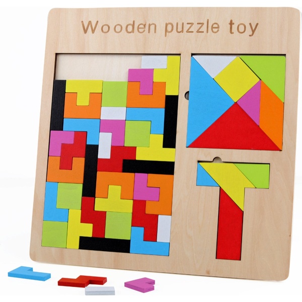 3-in-1 IQ Spel vanaf 3 jaar - 3D Tetris - Montessori Speelgoed Tangram Vormen Puzzel - Houten Speelgoed Tetris Spel - Educatief Puzzel voor Ruimtelijk Inzicht - Cube & Square Board Game - Educatief - Multiplayer