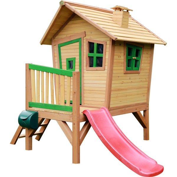 AXI Robin Speelhuis in Bruin/Groen - Met Verdieping en Rode Glijbaan - Speelhuisje op palen met veranda - FSC hout - Speeltoestel voor de tuin