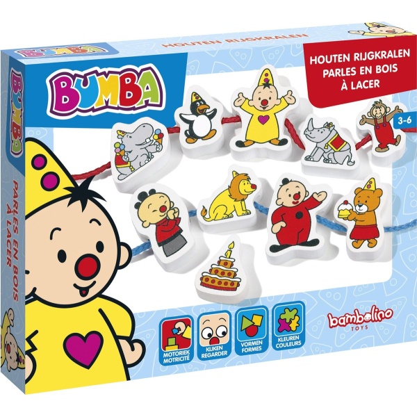 Bambolino Toys - Bumba houten rijgkralen - 12- delige set - educatief peuterspeelgoed - leer rijgen met Bumba de clown