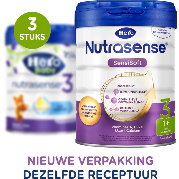 Hero Nutrasense SensiSoft Peutermelk 3 - Flesvoeding vanaf 1 jaar - 3 x 700 gram - met Melkvet - Palmolie Vrij