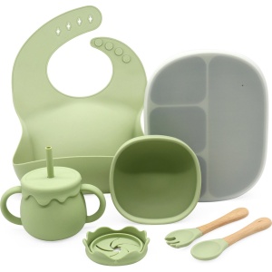 LaCardia siliconen kinderservies met zuignap Groen - kinderservies set - bordje voor baby en kind met zuignap - baby servies