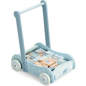 Navaris houten loopstoeltje met blokken - Duwwagen voor baby's met 46 houten blokken - Klassiek speelgoed voor meisjes en jongens die leren lopen