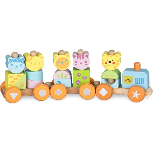 Navaris houten speelgoedtrein voor kinderen - Blokken met dieren en getallen - Voor jongens en meisjes - Vanaf 18 maanden - Kleurrijk tijger design