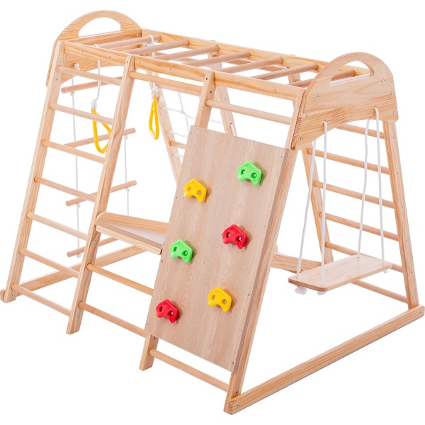 Peuterspeelset Binnenspeeltuin Jungle Gym set - hout 7-in-1 multifunctionele klimrekken - muurbeugels / ladderklimmer / glijbaan / schommel / net om te klimmen / optrekringen - plastic klimsteen - rotsklimmen voor kinderen