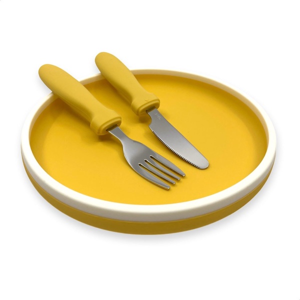 Smikkels - Siliconen bordje met mes en vork - Kinderservies - kinderbordje - kinderbestek - Duurzaam - Kleuter - Peuter - Geel