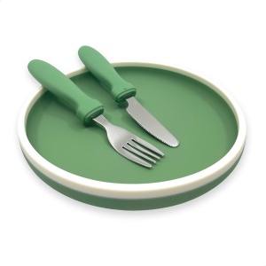 Smikkels - Siliconen bordje met mes en vork - Kinderservies - kinderbordje - kinderbestek - Duurzaam - Kleuter - Peuter - Groen