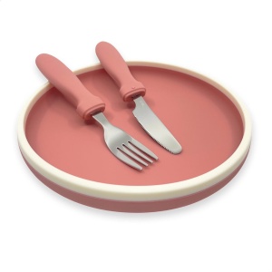 Smikkels - Siliconen bordje met mes en vork - Kinderservies - kinderbordje - kinderbestek - Duurzaam - Kleuter - Peuter - Roze