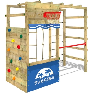 WICKEY klimtoestel outdoor speeltoestel Smart Action met blauw zeil, speeltoestel met klimwand, basketbalring & speelaccessoires voor kinderen in de tuin van hout