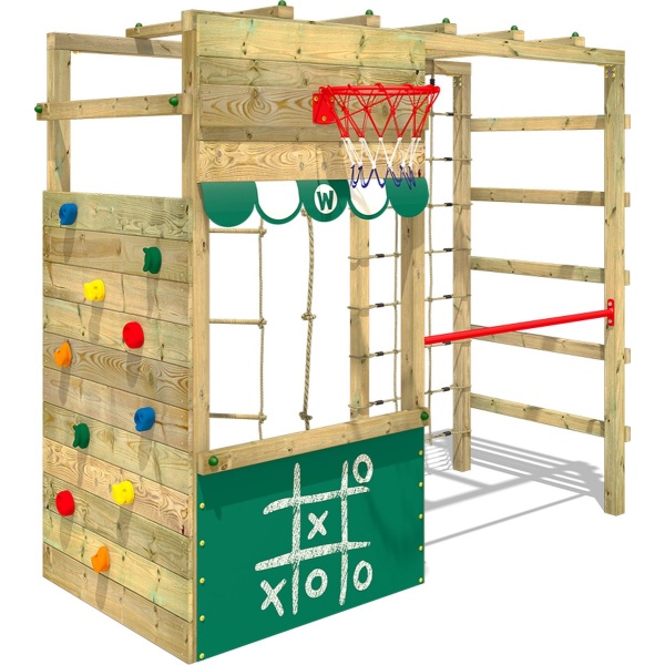WICKEY klimtoestel outdoor speeltoestel Smart Action met groen zeil, speeltoestel met klimwand, basketbalring & speelaccessoires voor kinderen in de tuin van hout