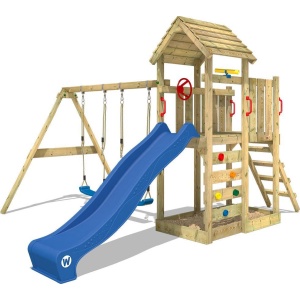 WICKEY speeltoestel klimtoestel MultiFlyer met houten dak, schommel & blauwe glijbaan, outdoor klimtoren voor kinderen met zandbak, ladder & speel-accessoires voor de tuin