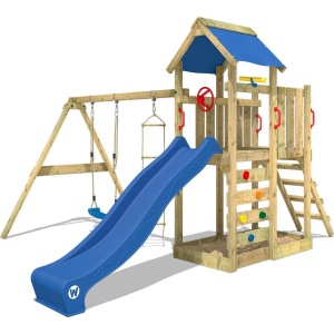 WICKEY speeltoestel klimtoestel MultiFlyer met schommel en blauwe glijbaan, outdoor kinderspeeltoestel met zandbak, ladder & speelaccessoires voor de tuin