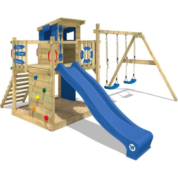 WICKEY speeltoestel klimtoestel Smart Camp met schommel & blauwe glijbaan, outdoor klimtoren voor kinderen met zandbak, ladder & speelaccessoires voor de tuin