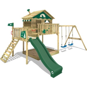 WICKEY speeltoestel klimtoestel Smart Coast met schommel & groene glijbaan, outdoor kinderspeeltoestel met zandbak, ladder & speelaccessoires voor in de tuin